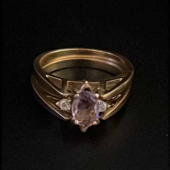 Vintage Art Deco 14k Gold Plated Amethyst Gemstone Cubic Zirconia Flip Ring - Picture 12 of 14